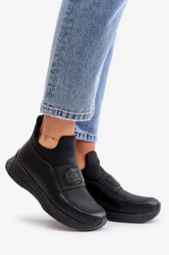 Hot Artiker Buty Sportowe Na Platformie Skórzane Czarne 55C0035