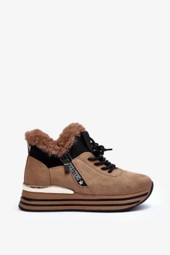Best Buty Sportowe Na Platformie Z Futerkiem Ciemnobeżowe Jamarie Damskie Buty Sportowe Na Platformie|Sneakersy Damskie