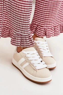 Sale Buty Sportowe Sneakersy Damskie Z Eko Skóry Beżowe Ravina Damskie Sneakersy Damskie