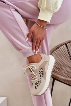 Buty Sportowe Sneakersy Damskie Na Platformie Panterka Beżowe Pumbes Damskie Buty Sportowe Na Platformie|Sneakersy Damskie