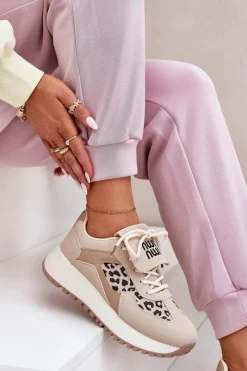 Buty Sportowe Sneakersy Damskie Na Platformie Panterka Beżowe Pumbes Damskie Buty Sportowe Na Platformie|Sneakersy Damskie