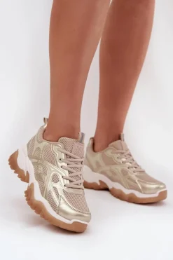 Clearance Big Star Shoes Buty Sportowe Sneakersy Damskie Big Star SS274014 HI-POLY SYSTEM Beżowo-Złote