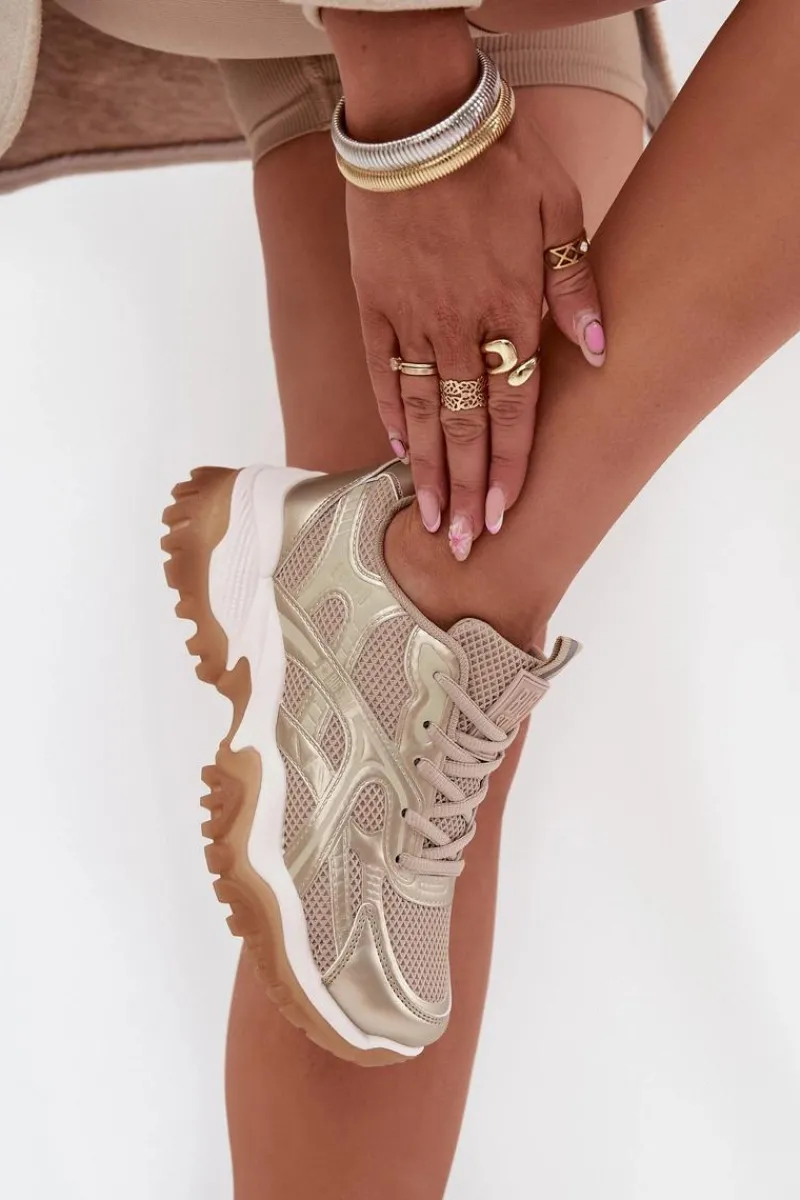 Clearance Big Star Shoes Buty Sportowe Sneakersy Damskie Big Star SS274014 HI-POLY SYSTEM Beżowo-Złote