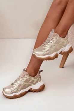 Clearance Big Star Shoes Buty Sportowe Sneakersy Damskie Big Star SS274014 HI-POLY SYSTEM Beżowo-Złote