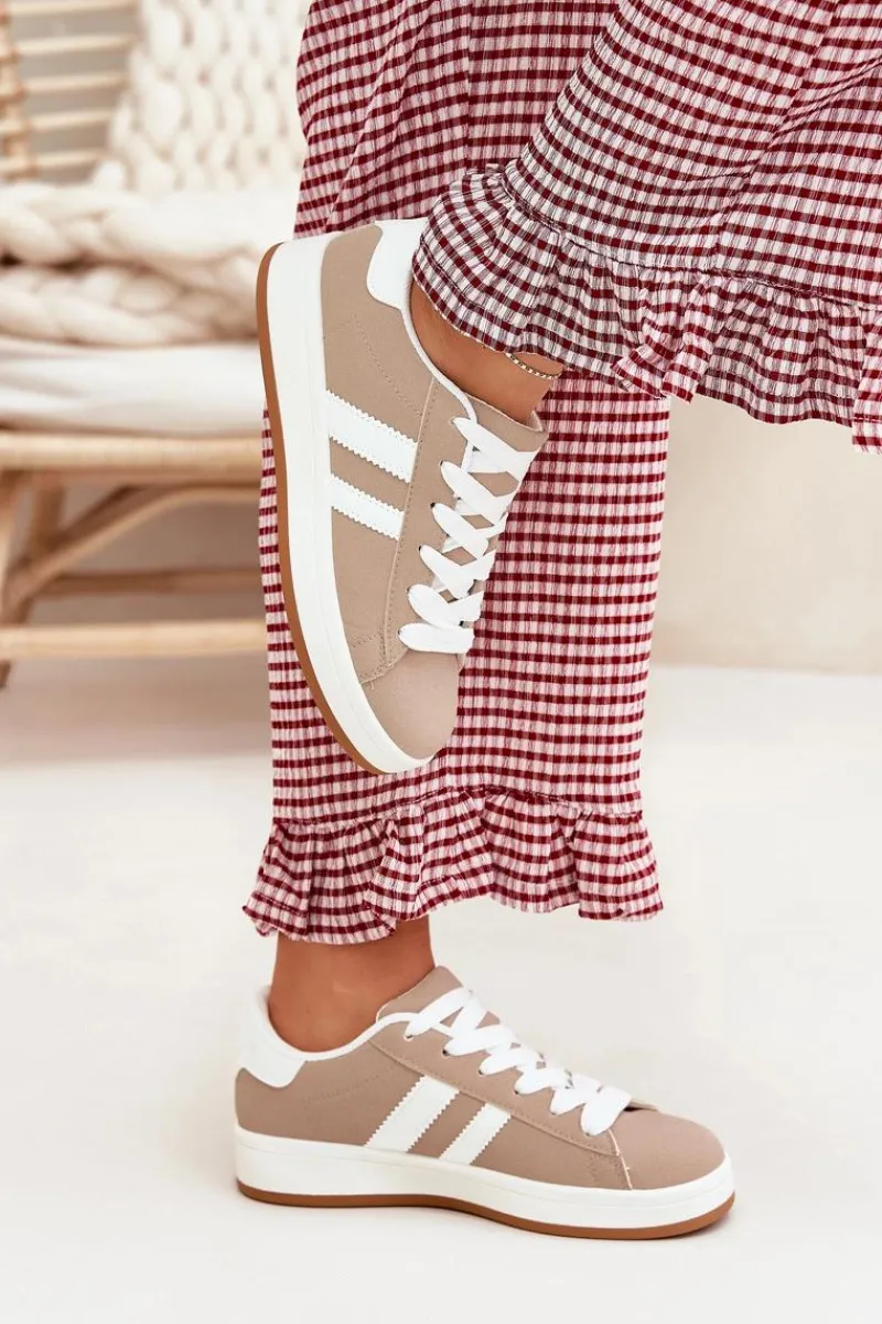 Best Buty Sportowe Sneakersy Damskie Z Eko Skóry Ciemnobeżowe Ravina Damskie Sneakersy Damskie