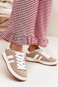 Best Buty Sportowe Sneakersy Damskie Z Eko Skóry Ciemnobeżowe Ravina Damskie Sneakersy Damskie