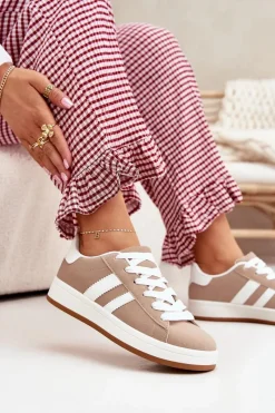 Best Buty Sportowe Sneakersy Damskie Z Eko Skóry Ciemnobeżowe Ravina Damskie Sneakersy Damskie