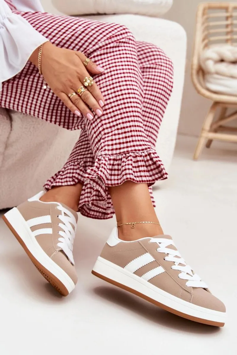 Best Buty Sportowe Sneakersy Damskie Z Eko Skóry Ciemnobeżowe Ravina Damskie Sneakersy Damskie