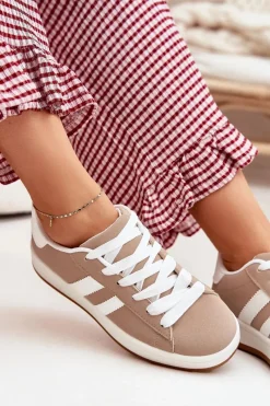 Best Buty Sportowe Sneakersy Damskie Z Eko Skóry Ciemnobeżowe Ravina Damskie Sneakersy Damskie