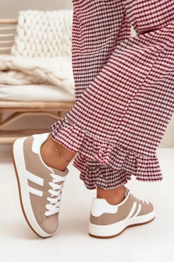 Best Buty Sportowe Sneakersy Damskie Z Eko Skóry Ciemnobeżowe Ravina Damskie Sneakersy Damskie