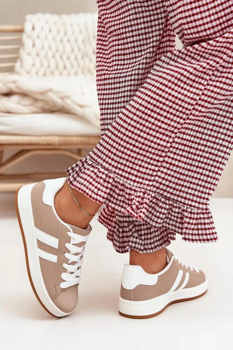 Best Buty Sportowe Sneakersy Damskie Z Eko Skóry Ciemnobeżowe Ravina Damskie Sneakersy Damskie