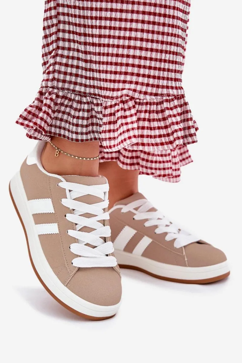 Best Buty Sportowe Sneakersy Damskie Z Eko Skóry Ciemnobeżowe Ravina Damskie Sneakersy Damskie