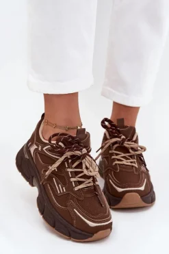 Outlet Buty Sportowe Sneakersy Damskie Z Podwójnym Sznurowaniem Czekoladowe Annelie Damskie Sneakersy Damskie
