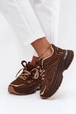 Outlet Buty Sportowe Sneakersy Damskie Z Podwójnym Sznurowaniem Czekoladowe Annelie Damskie Sneakersy Damskie