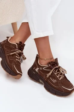 Outlet Buty Sportowe Sneakersy Damskie Z Podwójnym Sznurowaniem Czekoladowe Annelie Damskie Sneakersy Damskie