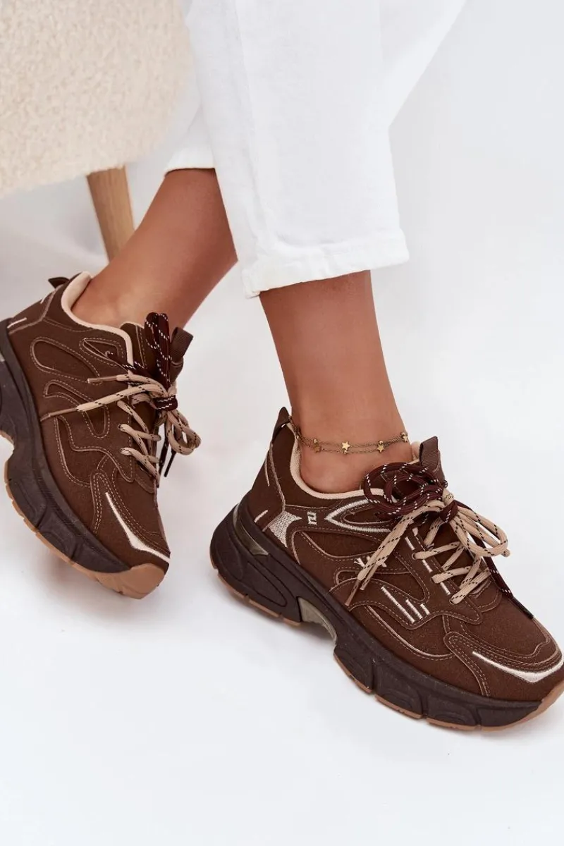 Outlet Buty Sportowe Sneakersy Damskie Z Podwójnym Sznurowaniem Czekoladowe Annelie Damskie Sneakersy Damskie