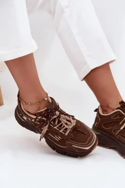 Outlet Buty Sportowe Sneakersy Damskie Z Podwójnym Sznurowaniem Czekoladowe Annelie Damskie Sneakersy Damskie