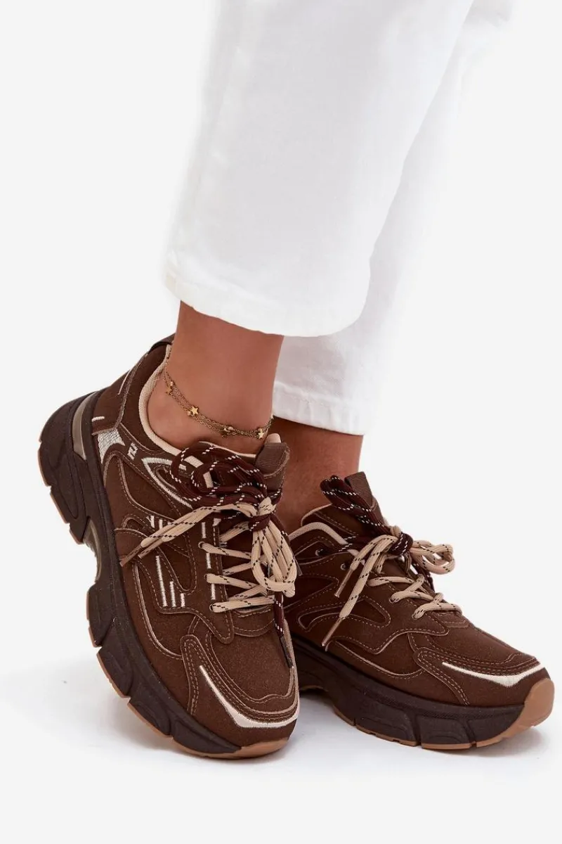 Outlet Buty Sportowe Sneakersy Damskie Z Podwójnym Sznurowaniem Czekoladowe Annelie Damskie Sneakersy Damskie