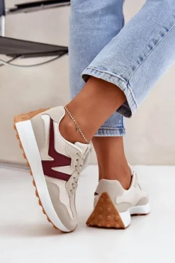 Sale Buty Sportowe Sneakersy Damskie Beżowo-Bordowe Britma Damskie Sneakersy Damskie