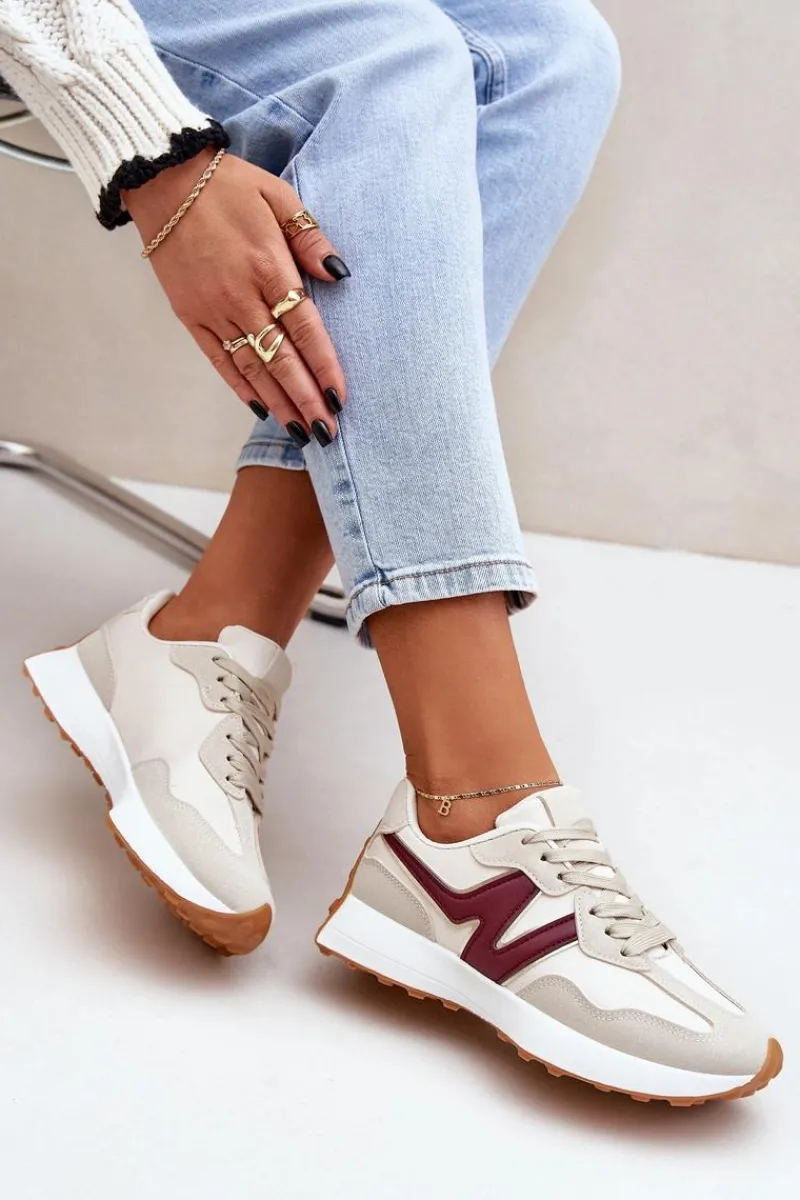 Sale Buty Sportowe Sneakersy Damskie Beżowo-Bordowe Britma Damskie Sneakersy Damskie