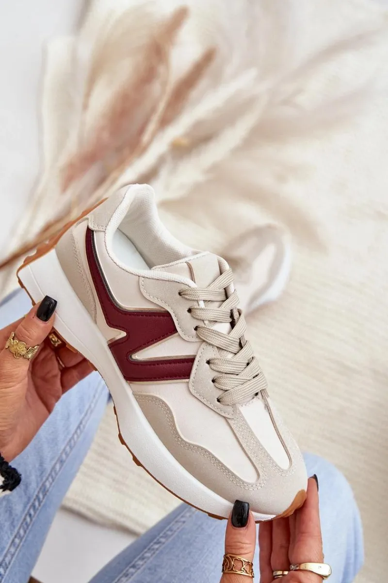 Sale Buty Sportowe Sneakersy Damskie Beżowo-Bordowe Britma Damskie Sneakersy Damskie