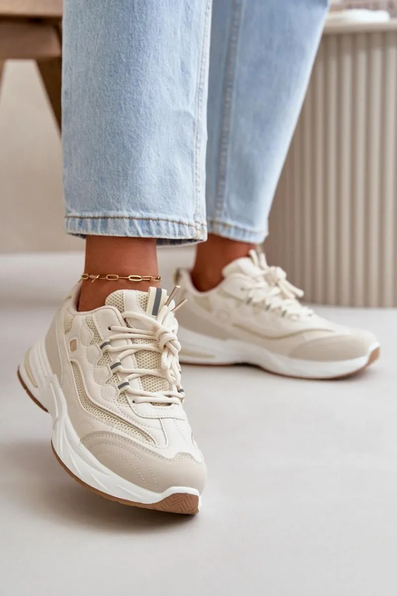 Outlet Buty Sportowe Sneakersy Eko Skórzane Beżowe Verilisse Damskie Buty Sportowe Na Platformie|Sneakersy Damskie