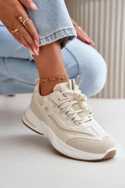 Outlet Buty Sportowe Sneakersy Eko Skórzane Beżowe Verilisse Damskie Buty Sportowe Na Platformie|Sneakersy Damskie