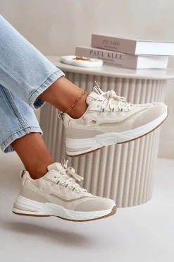 Outlet Buty Sportowe Sneakersy Eko Skórzane Beżowe Verilisse Damskie Buty Sportowe Na Platformie|Sneakersy Damskie