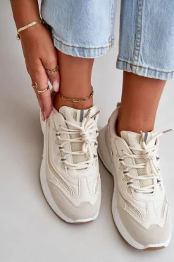 Outlet Buty Sportowe Sneakersy Eko Skórzane Beżowe Verilisse Damskie Buty Sportowe Na Platformie|Sneakersy Damskie