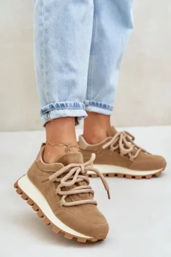 Hot Buty Sportowe Sneakersy Na Platformie Z Eko Zamszu Brązowe Riadella Damskie Buty Sportowe Na Platformie|Sneakersy Damskie