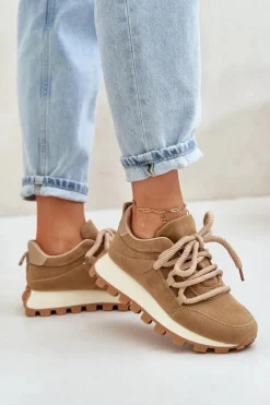 Hot Buty Sportowe Sneakersy Na Platformie Z Eko Zamszu Brązowe Riadella Damskie Buty Sportowe Na Platformie|Sneakersy Damskie