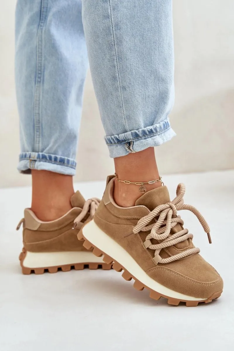 Hot Buty Sportowe Sneakersy Na Platformie Z Eko Zamszu Brązowe Riadella Damskie Buty Sportowe Na Platformie|Sneakersy Damskie