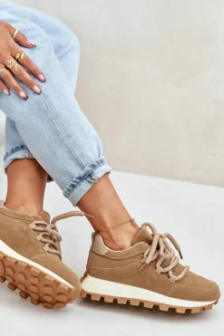 Hot Buty Sportowe Sneakersy Na Platformie Z Eko Zamszu Brązowe Riadella Damskie Buty Sportowe Na Platformie|Sneakersy Damskie