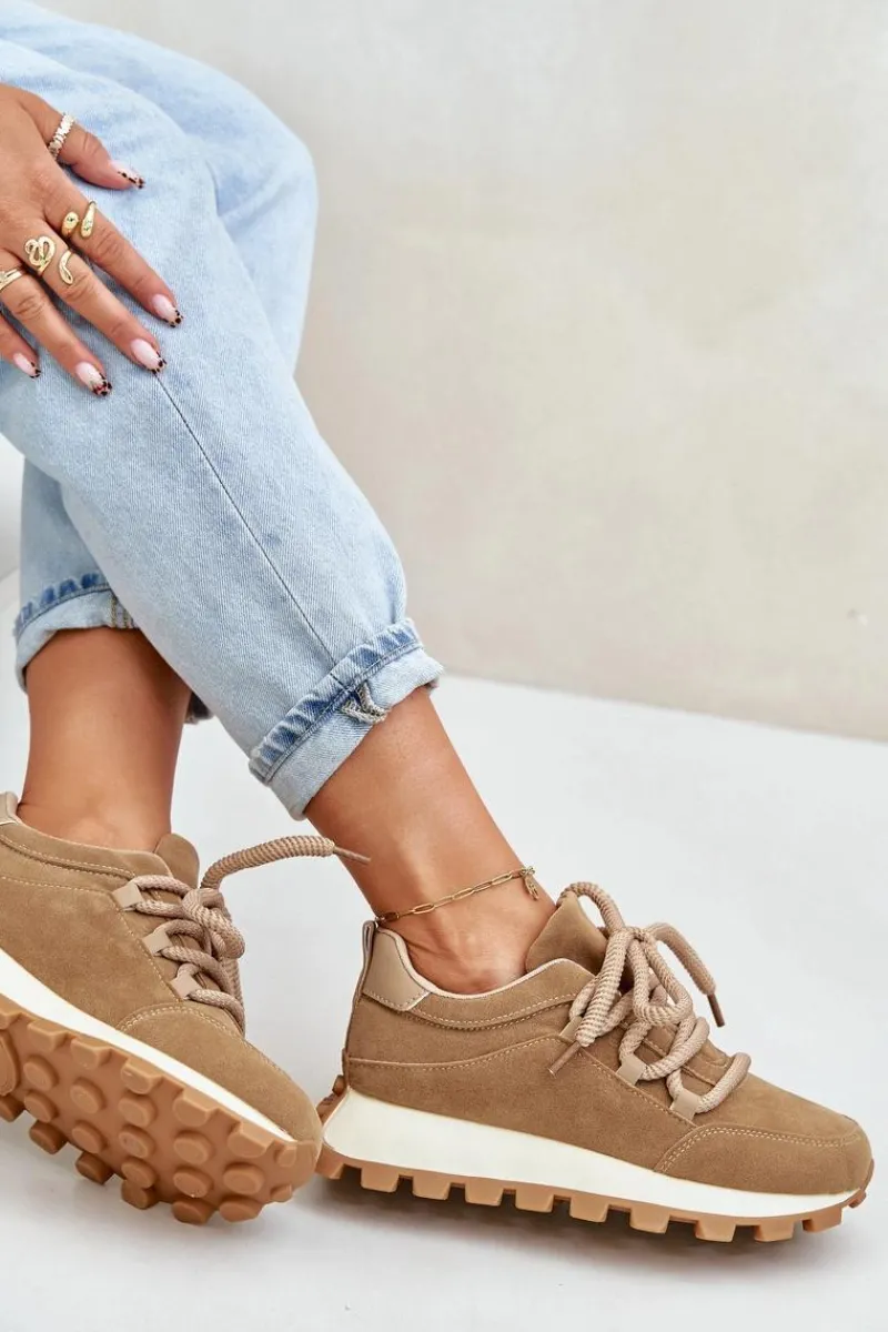Hot Buty Sportowe Sneakersy Na Platformie Z Eko Zamszu Brązowe Riadella Damskie Buty Sportowe Na Platformie|Sneakersy Damskie