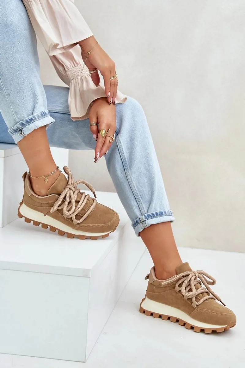 Hot Buty Sportowe Sneakersy Na Platformie Z Eko Zamszu Brązowe Riadella Damskie Buty Sportowe Na Platformie|Sneakersy Damskie