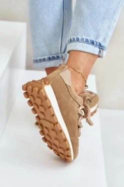 Hot Buty Sportowe Sneakersy Na Platformie Z Eko Zamszu Brązowe Riadella Damskie Buty Sportowe Na Platformie|Sneakersy Damskie