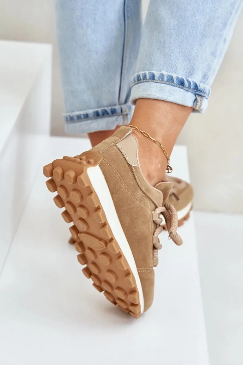 Hot Buty Sportowe Sneakersy Na Platformie Z Eko Zamszu Brązowe Riadella Damskie Buty Sportowe Na Platformie|Sneakersy Damskie