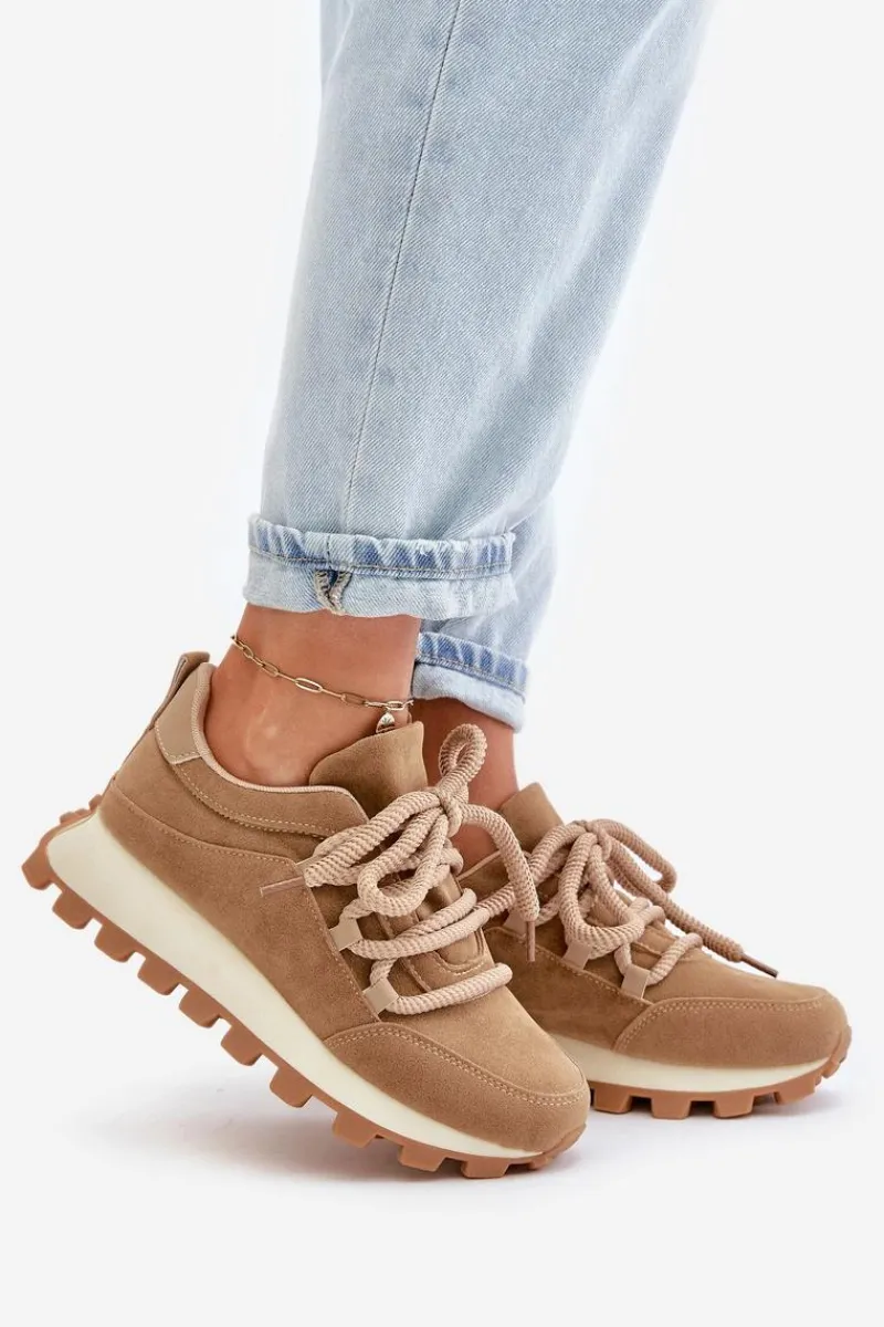 Hot Buty Sportowe Sneakersy Na Platformie Z Eko Zamszu Brązowe Riadella Damskie Buty Sportowe Na Platformie|Sneakersy Damskie