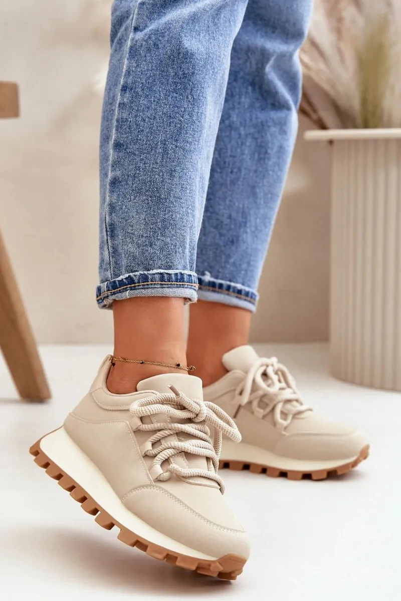 Outlet Boto Buty Sportowe Sneakersy Na Platformie Z Eko Skóry Beżowe Riadella