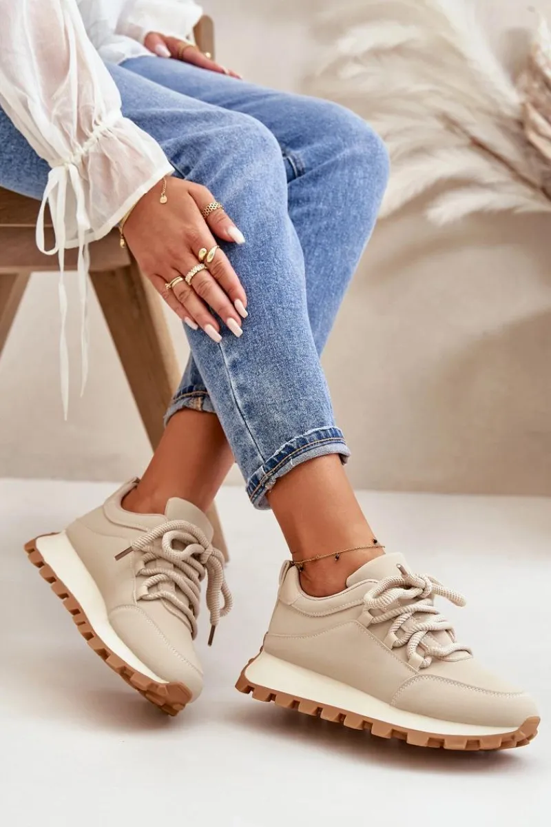 Outlet Boto Buty Sportowe Sneakersy Na Platformie Z Eko Skóry Beżowe Riadella
