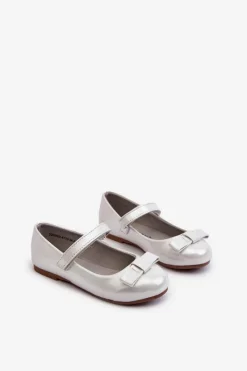 Błyszczące Balerinki Dziecięce Z Kokardką Na Rzep Srebrne Fiorelle Dzieci Balerinki Dziecięce