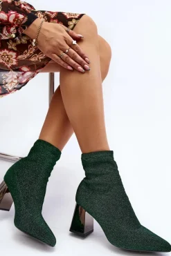 Outlet Błyszczące Botki Na Słupku Zielone Sognota Damskie Botki Wiosenne|Botki Na Słupku