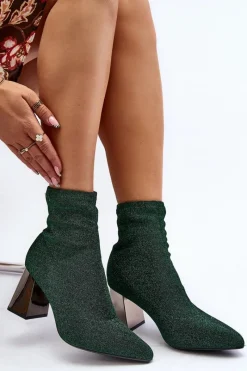 Outlet Błyszczące Botki Na Słupku Zielone Sognota Damskie Botki Wiosenne|Botki Na Słupku