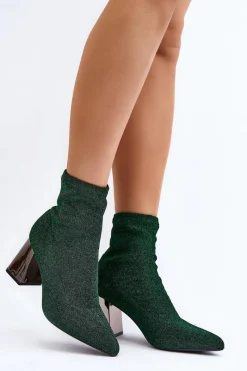 Outlet Błyszczące Botki Na Słupku Zielone Sognota Damskie Botki Wiosenne|Botki Na Słupku