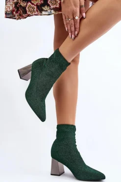 Outlet Błyszczące Botki Na Słupku Zielone Sognota Damskie Botki Wiosenne|Botki Na Słupku