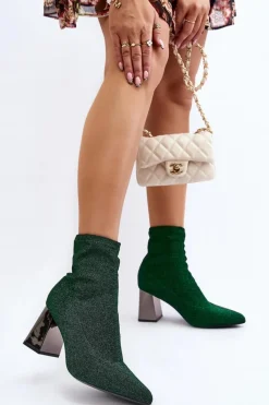 Outlet Błyszczące Botki Na Słupku Zielone Sognota Damskie Botki Wiosenne|Botki Na Słupku