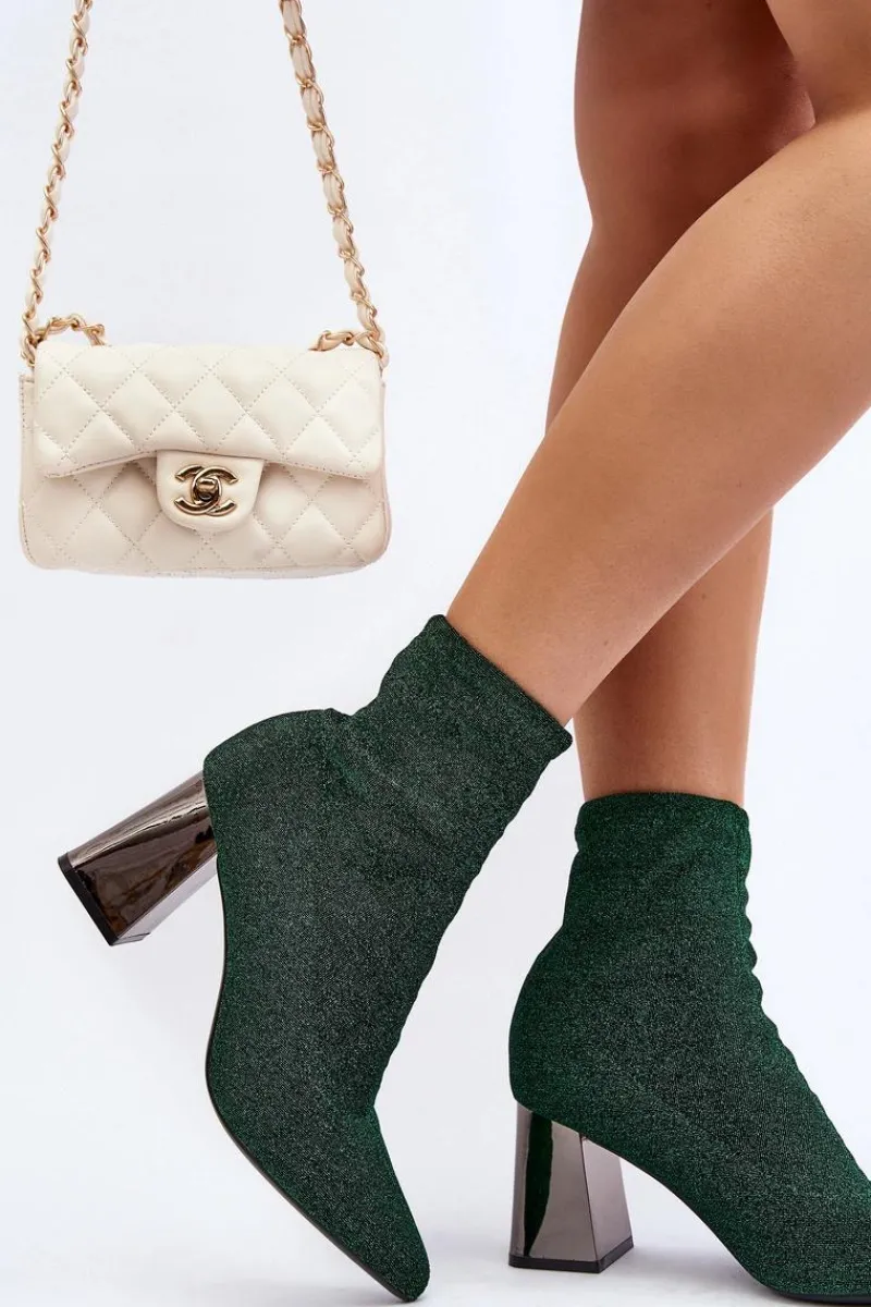 Outlet Błyszczące Botki Na Słupku Zielone Sognota Damskie Botki Wiosenne|Botki Na Słupku