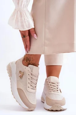 Outlet Błyszczące Buty Sportowe Z Ozdobą Beżowe Seneca Damskie Sneakersy Damskie