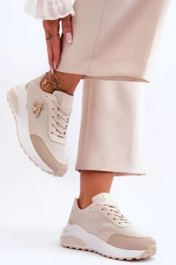 Outlet Błyszczące Buty Sportowe Z Ozdobą Beżowe Seneca Damskie Sneakersy Damskie