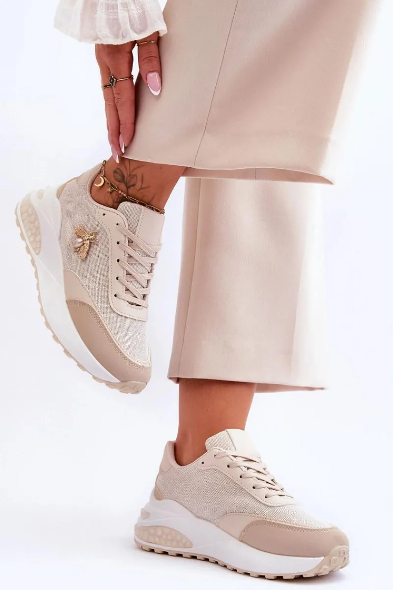 Outlet Błyszczące Buty Sportowe Z Ozdobą Beżowe Seneca Damskie Sneakersy Damskie